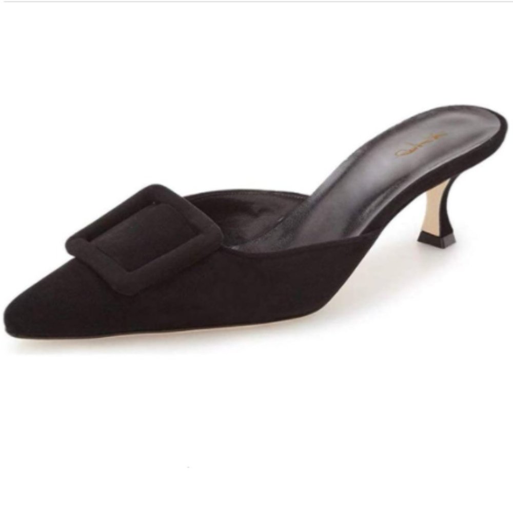 XYD Black Pointy Toe Kitten Heel Mules